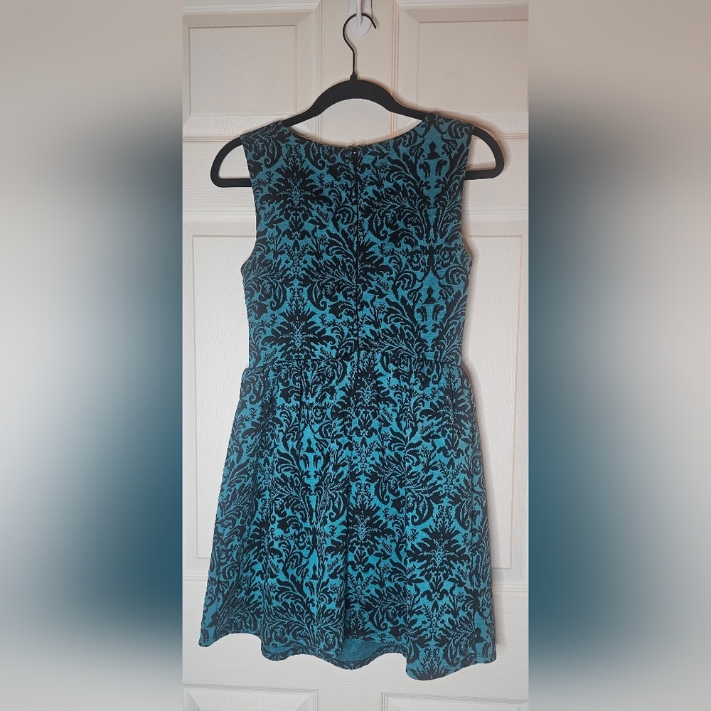 BeBop Teal & Black Damask Fit & Flare Dress Sleeveless Party Dress Size Medium - Picture 2 of 5